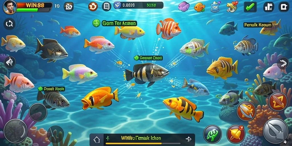 Screenshot gameplay dari WIN88 menampilkan aksi menangkap ikan.